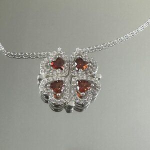 Silver 924 Four Reds Heart Magnetic Chain Clover Handmade 18”
